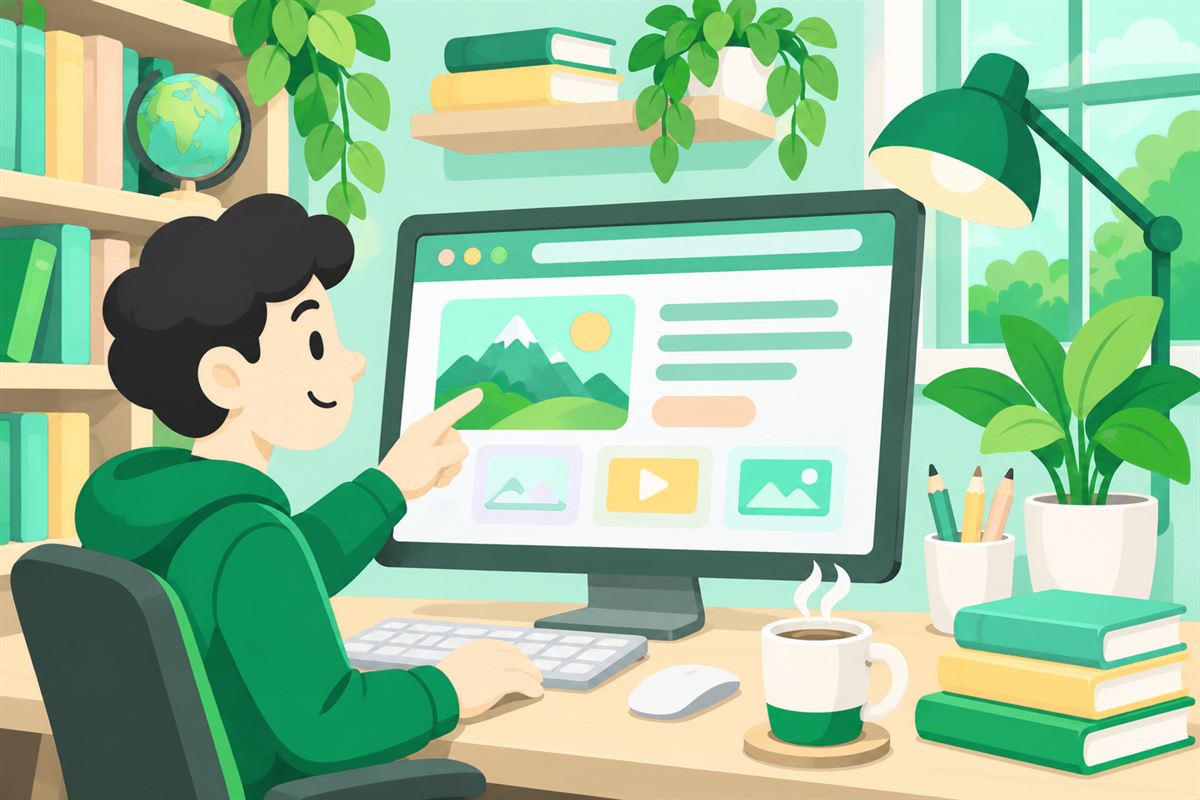 Illustration of a learner pointing at a web page on a large monitor in a cozy study corner