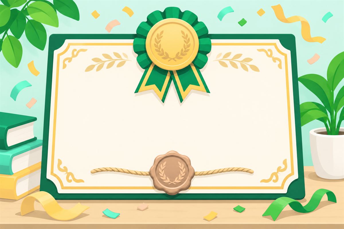 Illustration of a blank award certificate with a green ribbon and a wax seal