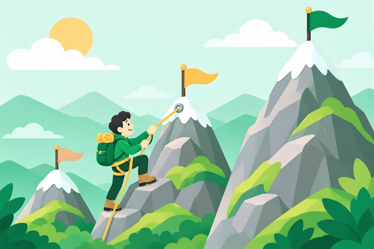 Illustration of three mountain peaks with flags and a climber on the middle one