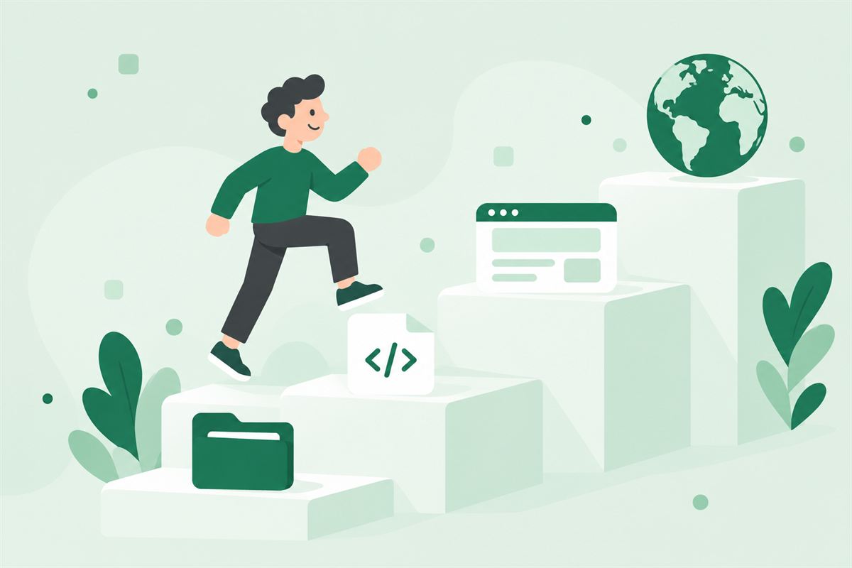 Illustration of a person climbing steps from a folder to a code file to a browser to a globe