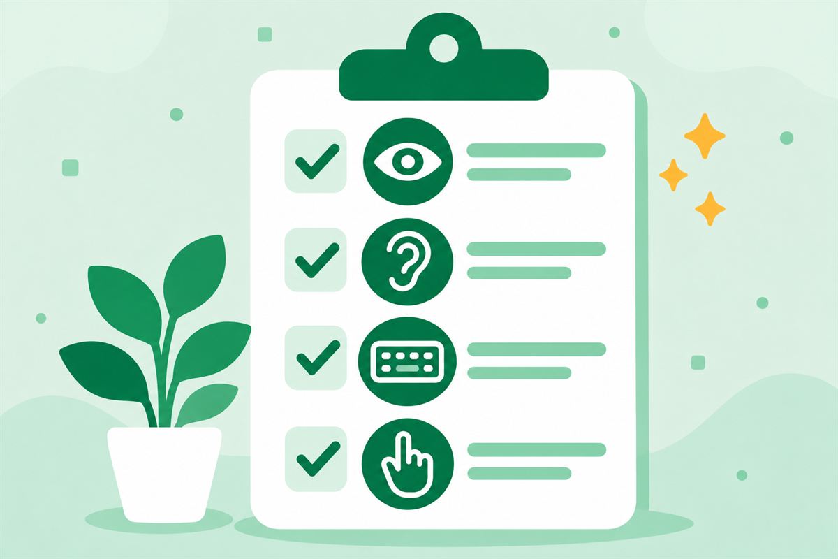 Illustration of an accessibility checklist with icons for sight, hearing, keyboard and touch