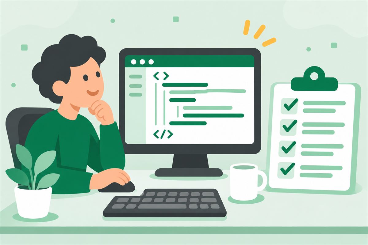 Illustration of a tidy desk with neatly indented code on a monitor and a checklist