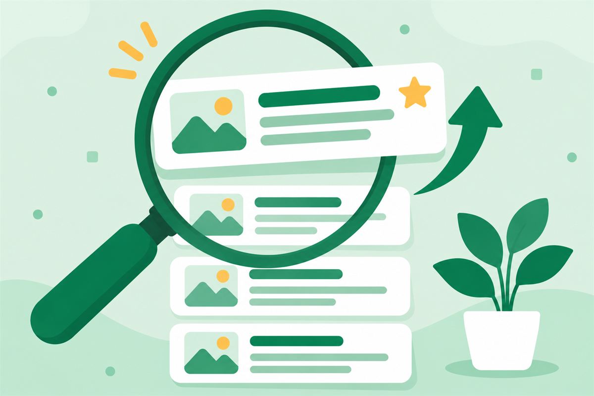 Illustration of a magnifying glass over search results with one result rising to the top