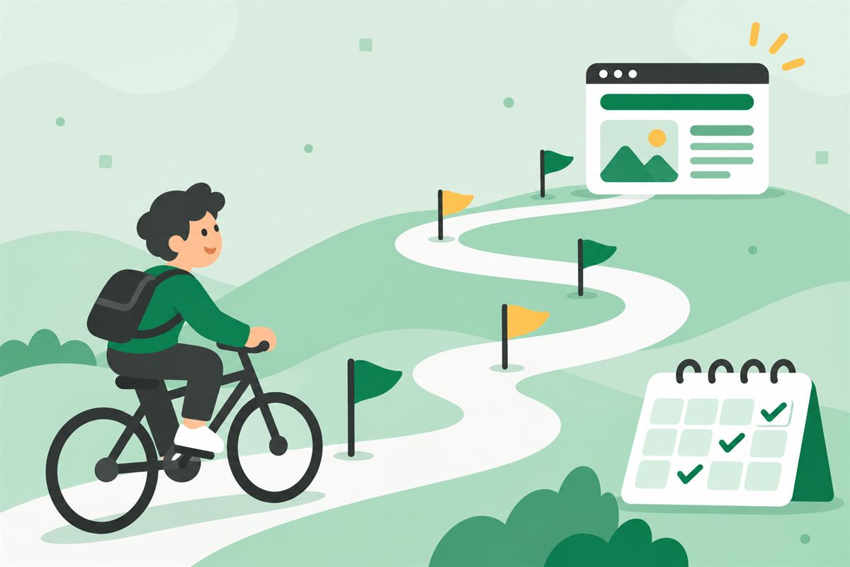 Illustration of a student cycling along a road with milestone flags and a calendar