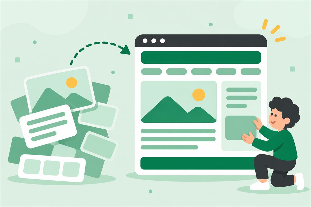 Illustration of a messy pile of grey boxes turned into a clearly structured web page