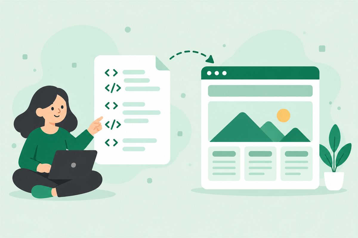 Illustration of a browser turning a plain document of tags into a structured web page