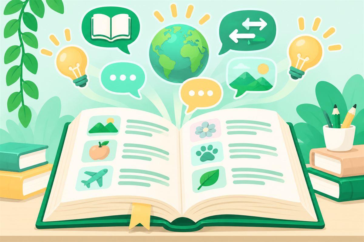 Illustration of an open dictionary with speech bubbles and icons rising from its pages