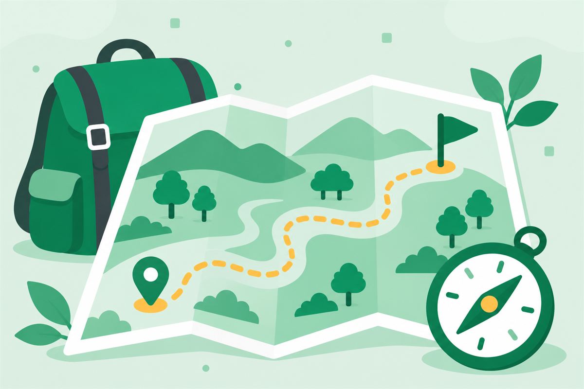 Illustration of a paper map with a dotted route, a compass and a backpack