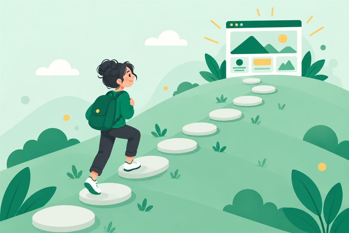 Illustration of a student with a backpack walking up a stepping-stone path toward a finished website