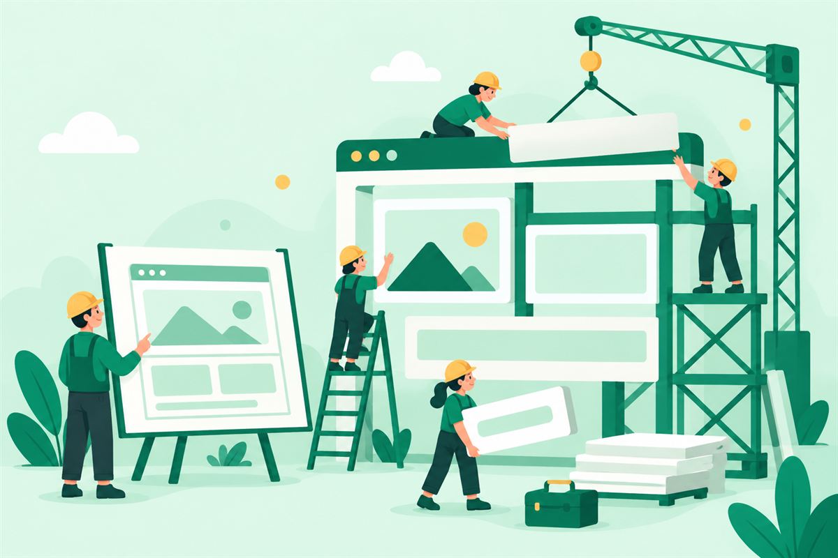 Illustration of small workers assembling the skeleton of a web page with scaffolding and a blueprint