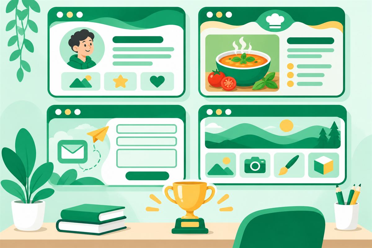Illustration of four finished web pages on a wall above a desk with a trophy