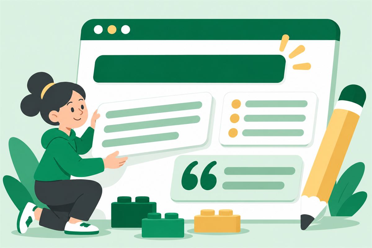 Illustration of oversized text blocks: a heading bar, paragraph lines, bullet points and quotation marks