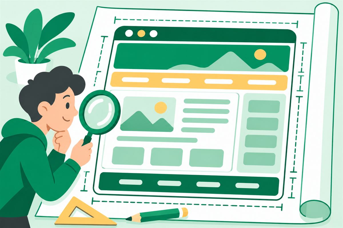 Illustration of a web page drawn like a floor plan with header, navigation, main content, sidebar and footer