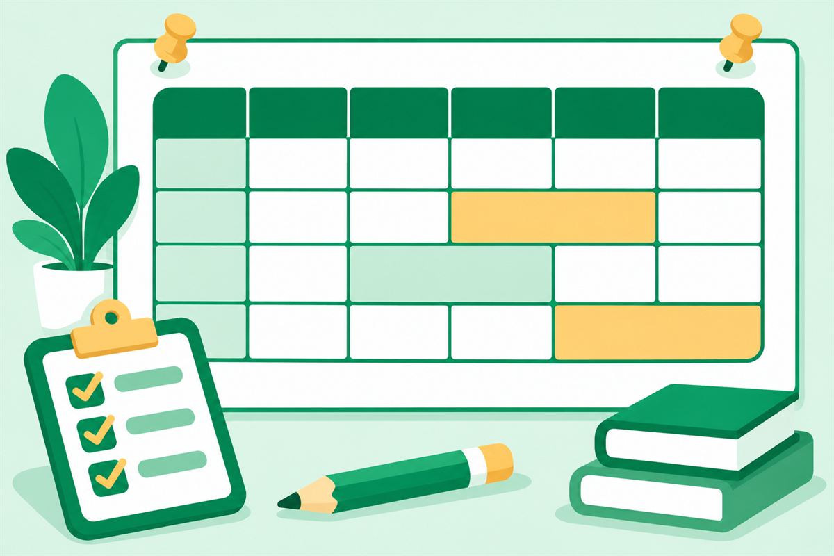 Illustration of a timetable-style table with a highlighted header row and merged cells