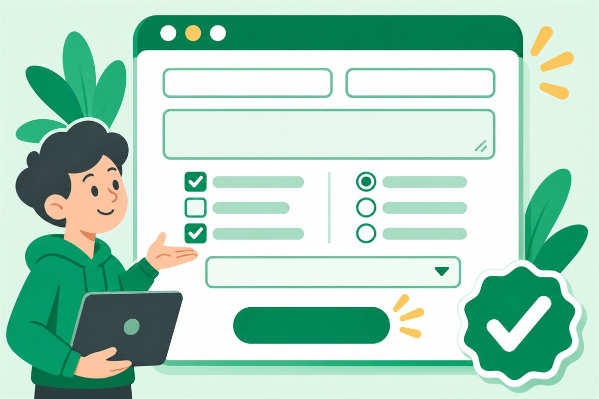 Illustration of a web form card with text fields, checkboxes, radio buttons and a submit button