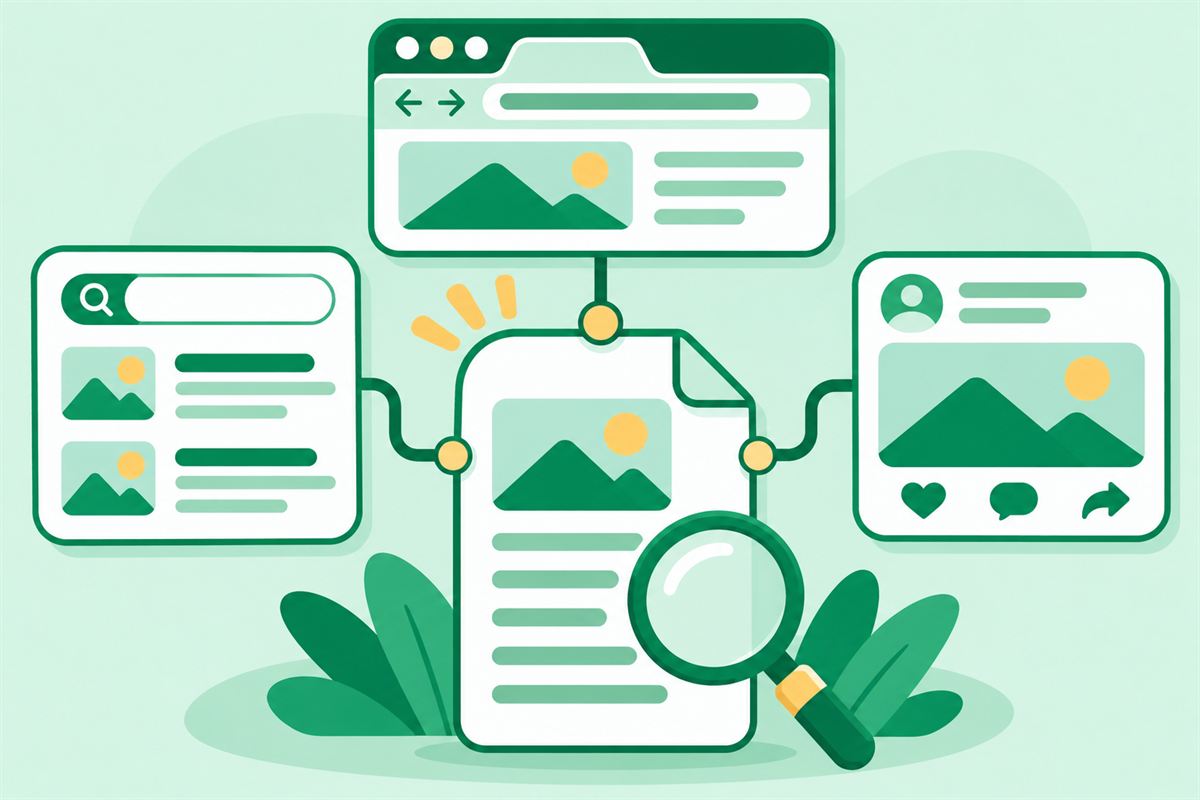 Illustration of a browser tab, a search result and a social link preview connected to a page head