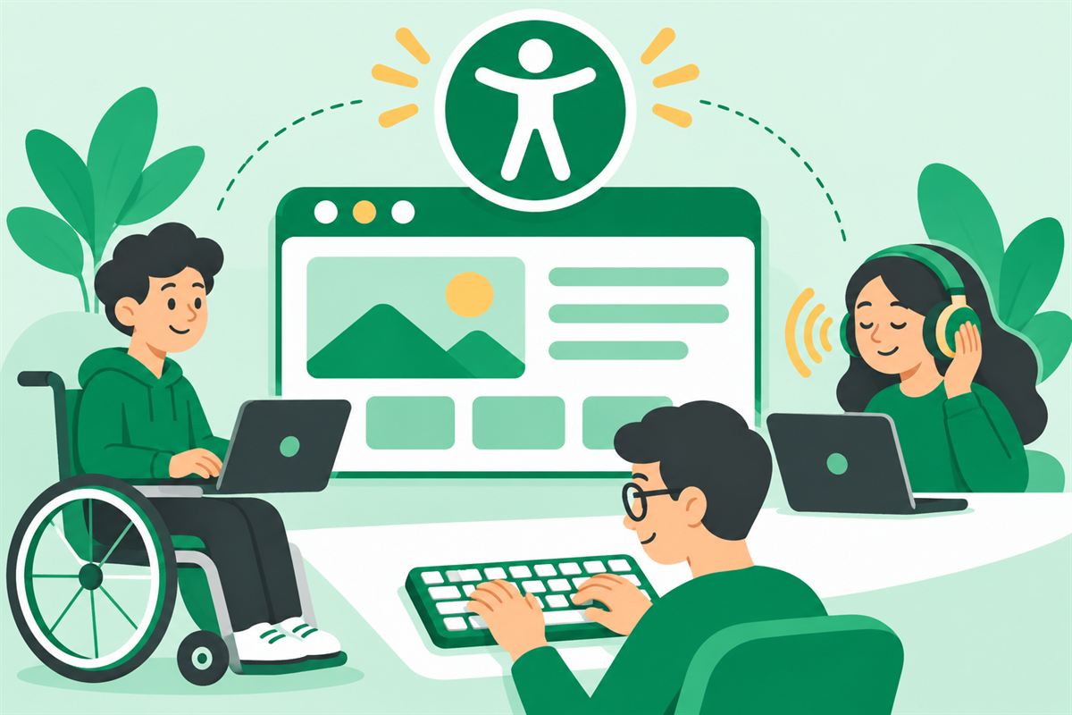 Illustration of a wheelchair user, a screen reader user and a keyboard user using the same web page
