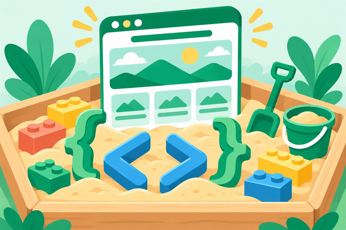 Illustration of a sandbox with bracket-shaped building blocks and a live preview window