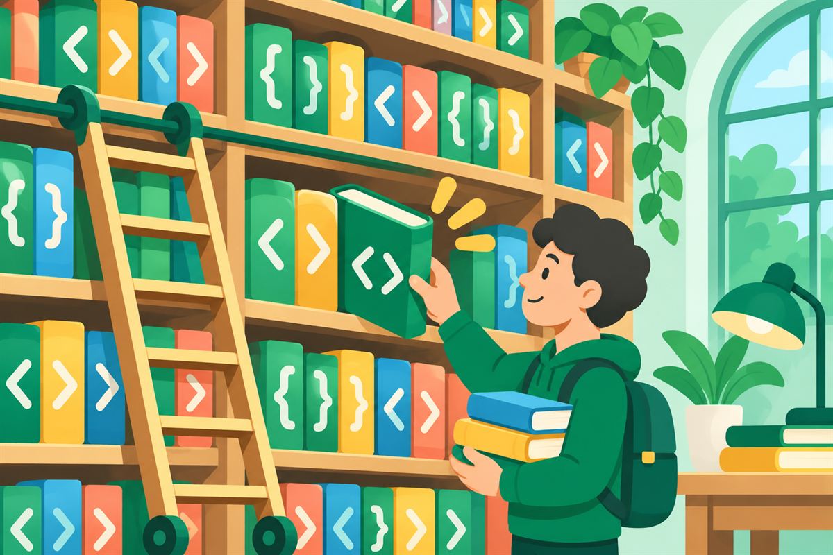 Illustration of library shelves filled with bracket-shaped books and a reader on a ladder